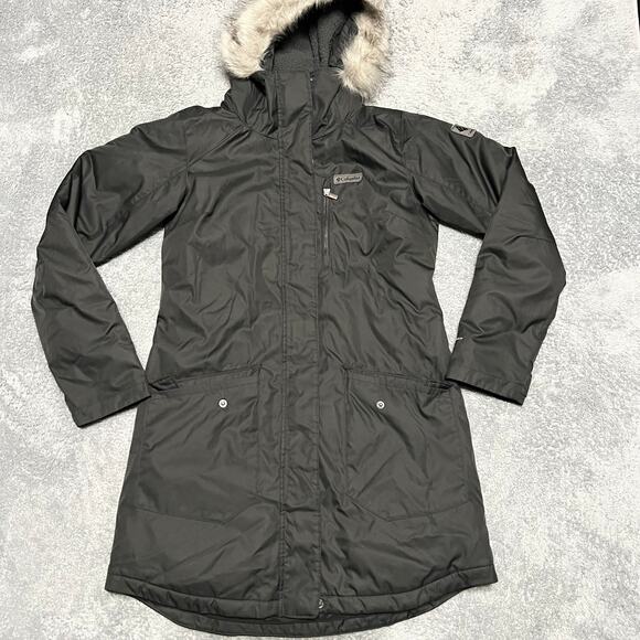 Columbia Coat Womens Medium Long Hooded Black Jacket Quilted Omni Heat Winter - Picture 1 of 9